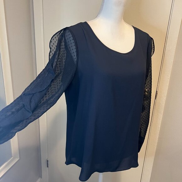Express Navy Sheer Ruffled Polka Dot Sleeve Blouse, Size Medium - Picture 6 of 16